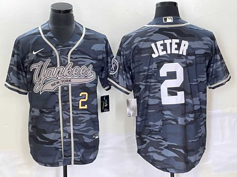 Mens New York Yankees #2 Derek Jeter Number Grey Camo Cool Base With Patch Stitched Baseball Jersey